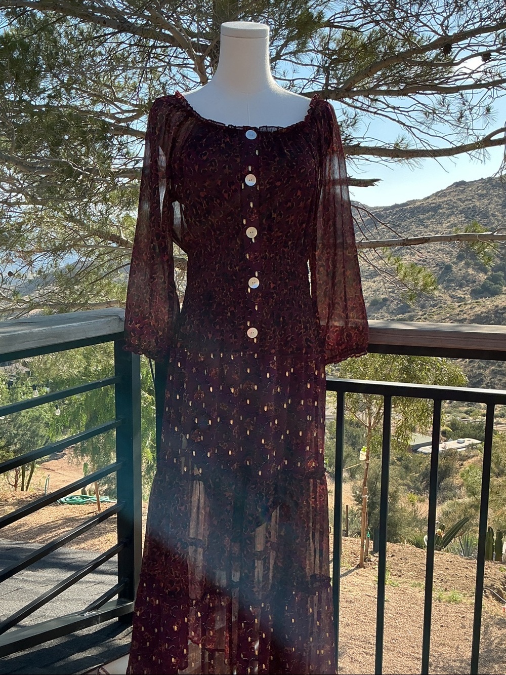 Burgundy Long Sleeve Button-Front Maxi Dress